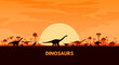 © Vector Tradition - Jurassic era landscape with dinosaur silhouettes. Vector background with lush tropical trees beneath a golden sunset, mountains in the distance, silhouettes of majestic dino roaming across the horizon