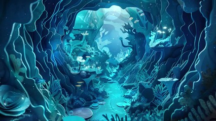 explore a fantastical paper cut underwater labyrinth. marine and ocean illustration background. seamless looping overlay 4k virtual video animation background