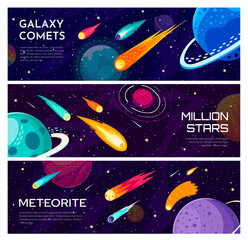 Poster - Galaxy universe banners. Comets and planets, stars and asteroids. Vector horizontal cards, capture celestial majesty of space, vibrant meteorites, shimmering shooting stars and drifting bolides