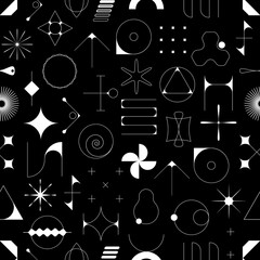 Aufkleber - Brutalism futuristic shapes and geometric figures seamless pattern. Wallpaper print, textile vector seamless background or fabric backdrop with futuristic graphic symbols, brutalism abstract elements