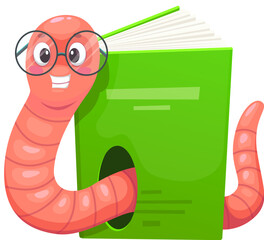 Canvas Print - Funny bookworm character makes a hole in book, reading and education animal vector personage. Cartoon cute book worm, earthworm or caterpillar insect nerd character with glasses and library textbook