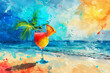 illustration of Cocktail on a beach. Cold drink on beautiful coast beach with calm sea. Generative AI