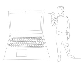 Poster - One continuous line of Man pointing with finger at Laptop. Thin Line Illustration vector concept. Contour Drawing Creative ideas.