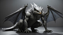 A Muscular Gray Dragon Is Crouched On The Ground. Its Wings Are Folded Against Its Back, And Its Long Tail Is Curled Behind It. The Dragon's Head Is Low To The Ground, And Its Eyes Are Narrowed. Its S