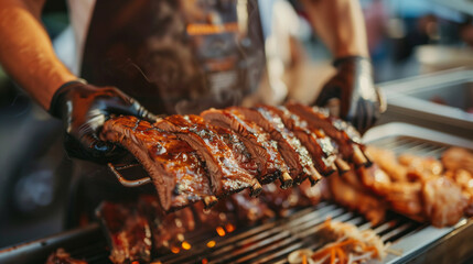 Wall Mural - Close-up of large BBQ pork ribs are grilled in the food truck. The chef is holding a smoked barbeque rib to serve customers.