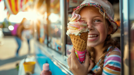 Wall Mural - A happy and smiling white girl standing inside a food truck is holding an ice-cream in the evening time. The rainbow soft serve ice-cream is in a waffle cone.