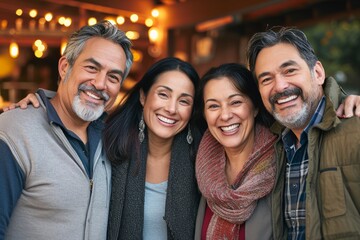 Wall Mural - Portrait of a group of diverse friends in a restaurant. Smiling and looking at the camera.