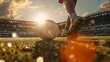 Dramatic penalty kick scene with a focus on the player's expression of focus, shot from behind, vibrant stadium atmosphere, high contrast, late afternoon sun