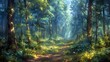 Scene features tall pines, deciduous trees, dense underbrush, filtered sunlight, embodying natural tranquility