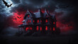 a haunted house with bats flying around it. The house has red glowing windows and a large tree with gnarled branches next to it. The sky is dark and there is a full moon