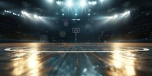 An Indoor Basketball Court Gleams Under The Illumination Of Intense Arena Lights, With No Players In Sight.