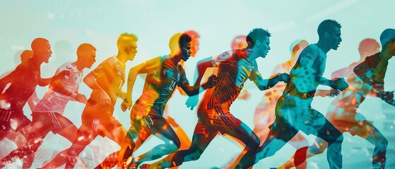 Wall Mural - A double exposure of a vivid stadium environment depicting an array soccer players sprinting over a white backdrop is depicted in this image and space, Generative AI.