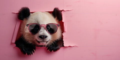 Wall Mural - Cute panda with sunglasses in a box on a pink background