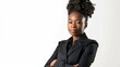 © Exnoi - A Black female engineer in a stylish blazer, with a confident, assertive expression, arms crossed, on a stark white background, styled as an empowering corporate portrait.