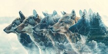 A Double Exposure Of Variety Of Animals shot In A Vivid Mountain At Dawn environment, With The Animals Sporting over A White Backdrop And Space, Generative AI.