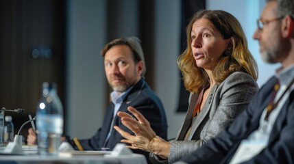 A conference panelist in business attire, discussing issues with co-panelists, looking interactive and insightful, against a simple grey backdrop, styled as a business panel discussion shot.