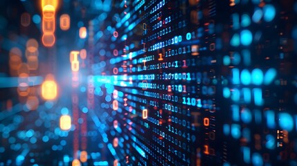 In the digital age, a technology background featuring dark space illuminated by flowing blue glowing binary code and numbers underscores the critical importance of data privacy and the safeguarding
