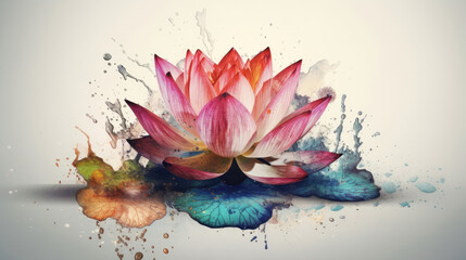 Wall Mural - Lotus flower with watercolor splashes on white background. Pink Lotus Flower, illustration, art