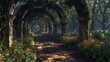 Fairytale garden brought to life, flower arches frame the hidden beauty, a canvas of colorful greenery, perfect for digital backgrounds, AI Generative