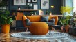 Dynamic home office setup, modern aesthetics, functional desk, comfortable sofa, standout yellow pouf, decorative wall graphics, AI Generative