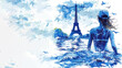 A blue painting of a female swimmer by eiffel tower, olympic games