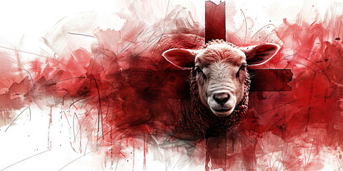 Fototapeta redemption: the lamb and bloodied cross - picture a lamb symbolizing jesus as the sacrificial lamb, and a bloodied cross representing redemption through his blood