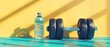 Over a vivid yellow backdrop, there is a black dumbbell for physical well-being and a plastic water bottle health issues and space, Generative AI.