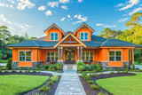 Fototapeta  - A front view of an elegant tangerine craftsman cottage style home, with a triple pitched roof, immaculate landscaping, a paved walkway, and superior curb appeal, showcasing a zest for modern living.