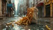 A paper bag overstuffed with hot fries, its corners damp with grease, left behind on a bustling city street
