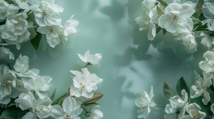  Close-up of white flowers with a serene soft green bokeh background, symbolizing spring and tranquility.