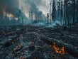 Deforestation - Loss - Charred Forest - A haunting scene of deforestation where scorched trees and blackened landscapes bear witness to the destructive impact of wildfires exacerbated