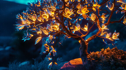 : A bioluminescent tree with glowing leaves,