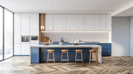 Modern white and blue kitchen with wooden details and parquet floor, modern pendant lamps, minimalistic interior design concept idea, island with stools and accessories