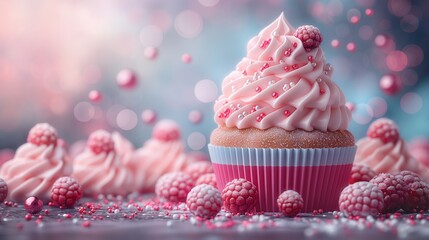 Cupcake with pink frosting and raspberry topping. Festive dessert concept with bokeh background. Design for bakery menu, food blog, or pastry advertisement.