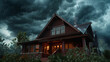 Behind view of a deep espresso brown craftsman cottage with a vaulted roof, against the backdrop of a dramatic thunderstorm, showcasing the serene home in contrast to the turbulent weather.