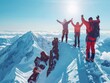 Summit Success - Triumph - Clear Skies - Group of climbers celebrating at the top of a mountain peak