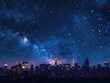 Urban Skyline Night - Majesty - City Lights - The majestic silhouette of an urban skyline against the backdrop of a starry night sky, with city lights twinkling below