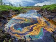 Water Contamination - Pollution - Toxic Spill - An alarming view of a toxic spill contaminating waterways and aquatic habitats, highlighting the catastrophic consequences of industrial pollution
