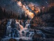 Waterfall Cascade Night - Enchantment - Nighttime Cascade - A mesmerizing waterfall cascading down rocks in the darkness, with the Milky Way galaxy shining above 