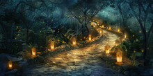 Path To Enlightenment: The Winding Path And Illuminated Lanterns - Imagine A Winding Path With Lanterns Lighting The Way, Symbolizing The Path To Enlightenment Inspired By A Deceased Leader