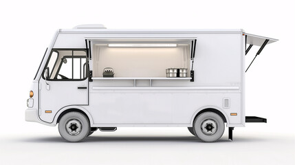 Mockup of white food truck with an open window on the side with lighting and some stuff on a plain white background.