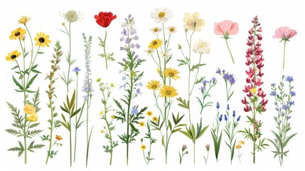 Wall Mural - Collection of wildflowers vector graphics, featuring herbs, herbaceous flowering plants, blooming flowers, and subshrubs isolated on a white background, with detailed botanical illustrations.