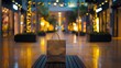 a frontal photo of a shopping bag on a bench in a shopping center completely alone, yellow soft lights, modern mall, realistic photography, an unoccupied store background 