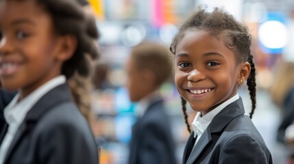 african black children dressed in School uniform business attire, chatting and laughing at an exhibition or trade show. They stand by their booth, displaying products.