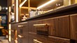 A market display of brown kitchen cabinet doors, where golden metal handles meet modern luxury