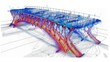 Bridge engineering structural analysis results of the finite element method calculation - stress fields in a truss bridge, tension in blue, compression in red