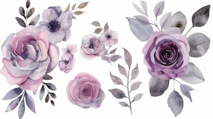 Wall Mural - Watercolor transparent floral set isolated on white, comprising roses, leaves, and branches bundled in pastel pink, grey, violet, and purple hues, perfect for botanical wedding designs.