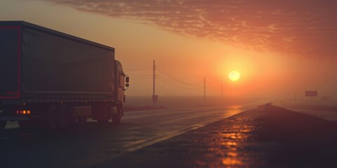 Wall Mural - A semi-truck drives along a highway at sunrise, with a warm, hazy sky in the background.