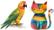 a colored pencil drawing of a parrot,a cat