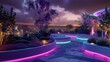 Rooftop neon garden with glowing plants and relaxation areas